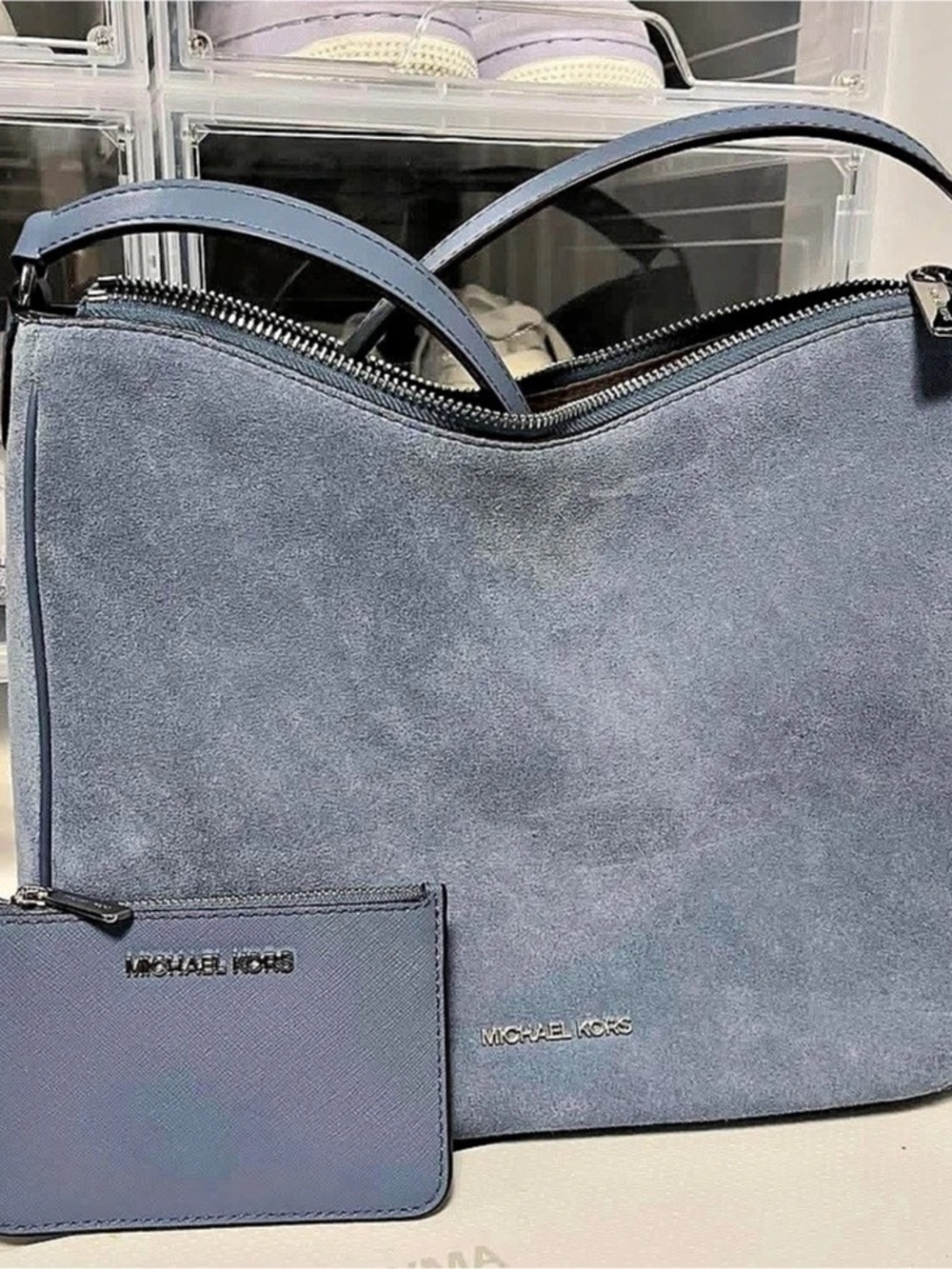 Michael Kors Carmela Medium Suede Convertible Crossbody Bag Blue